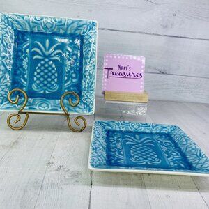 Roscher PINEAPPLE TURQUOISE Aqua Floral Crackle Design Square Salad Plates Set 2
